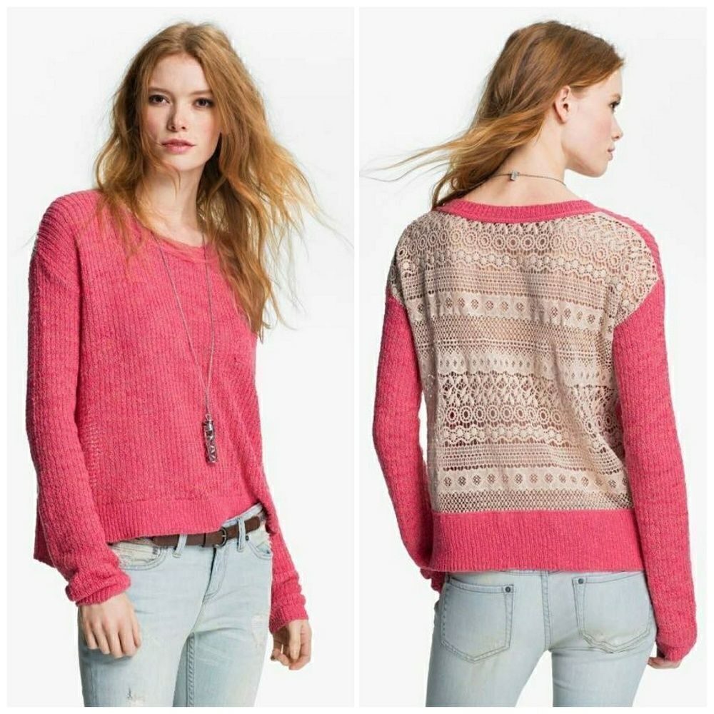 Free People Womens Lace Back Embroidered Sweater Top Pink XS